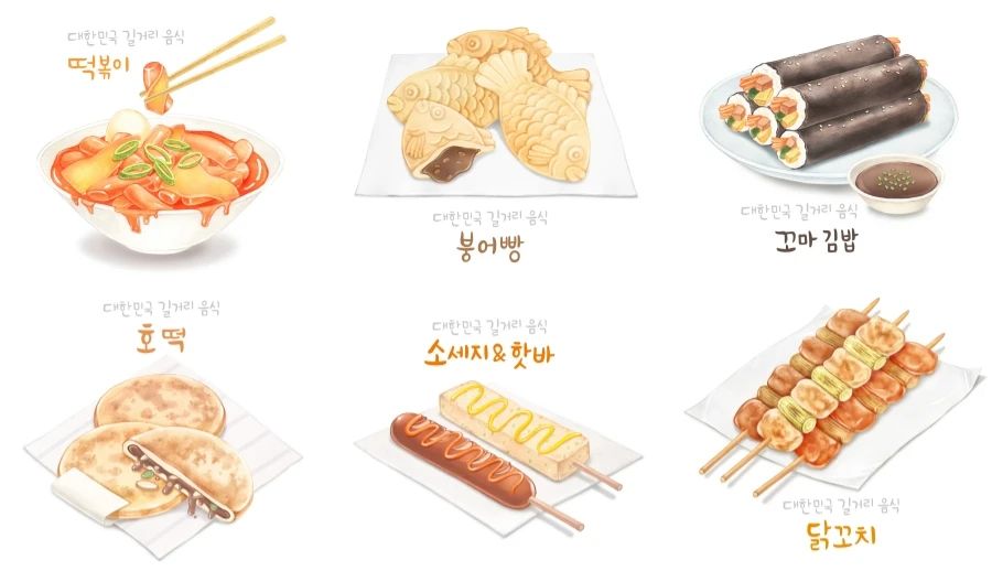 韩国手绘卡通小吃美食水彩插画PSD模板素材