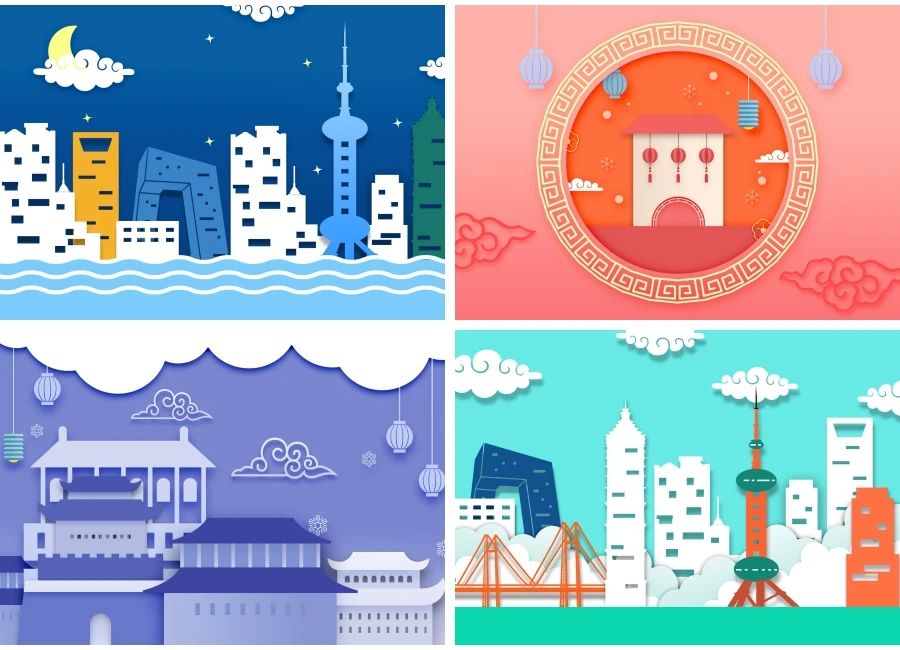 中国城市地标建筑剪纸风插图背景海报PSD设计素材