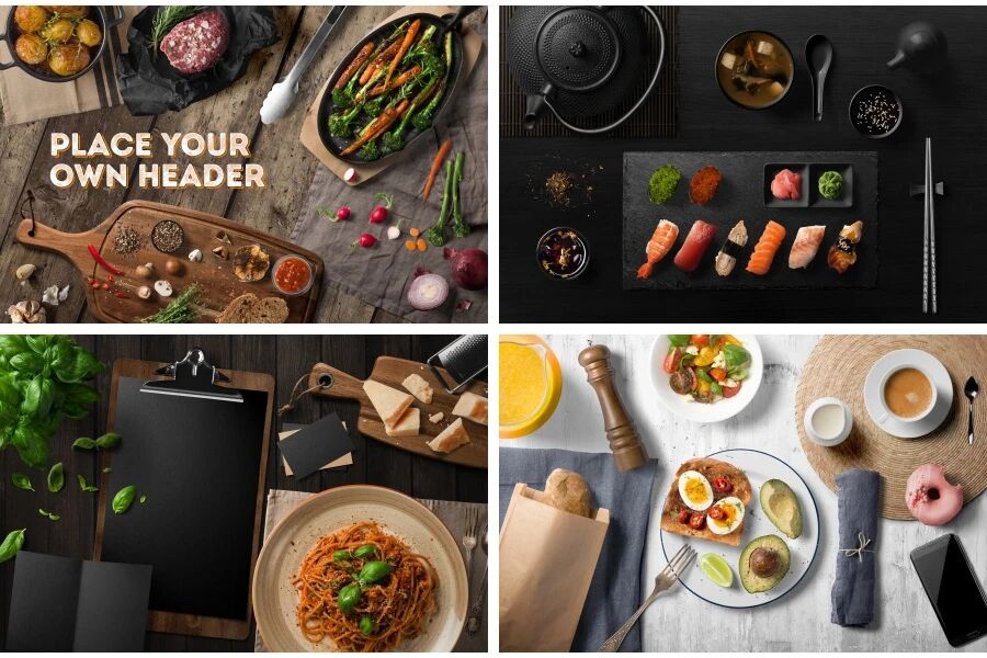 各类食物食材餐具餐饮场景VI贴图PSD模板