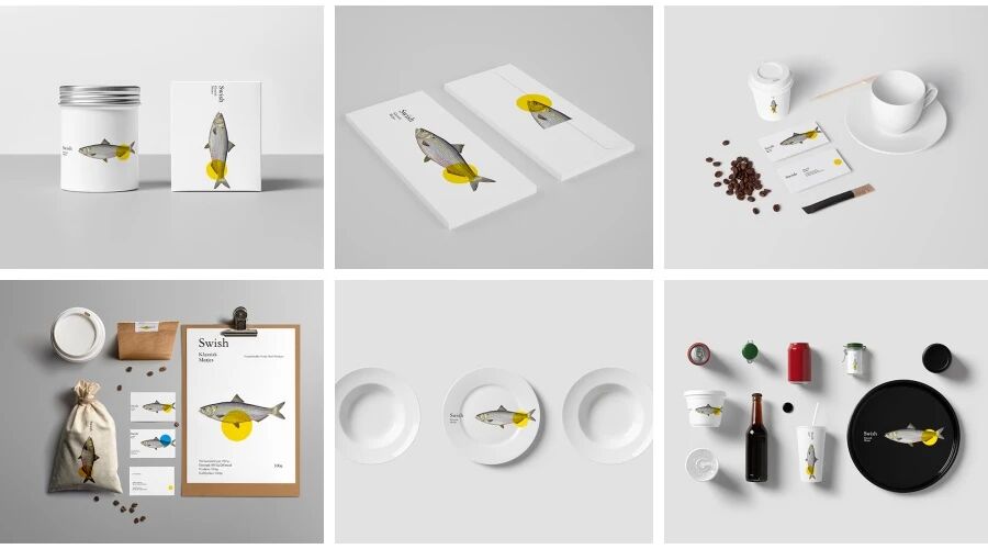 海鲜鱼类公司名片餐具餐袋VI样机PSD模板