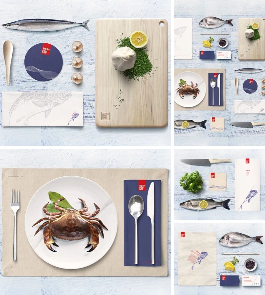 海鲜鳕鱼螃蟹西餐料理餐具VI样机PSD模板