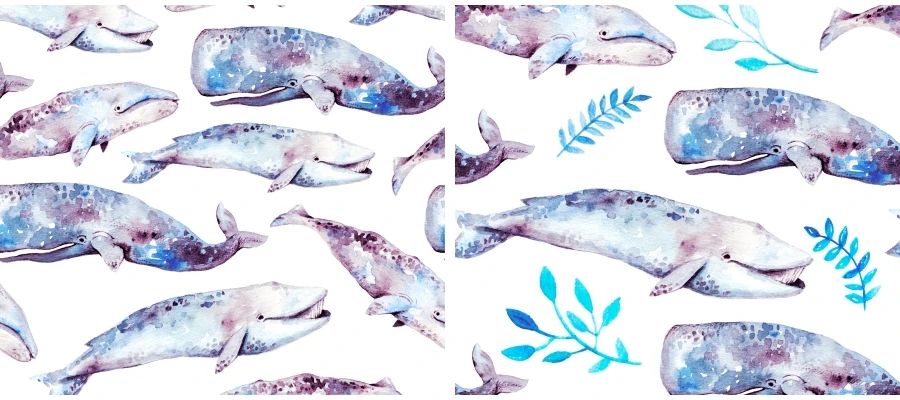 水彩手绘鲸鱼羽毛水果海洋元素高清无缝背景素材