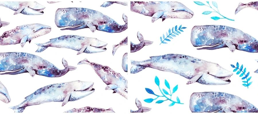 水彩手绘鲸鱼羽毛水果海洋元素高清无缝背景素材