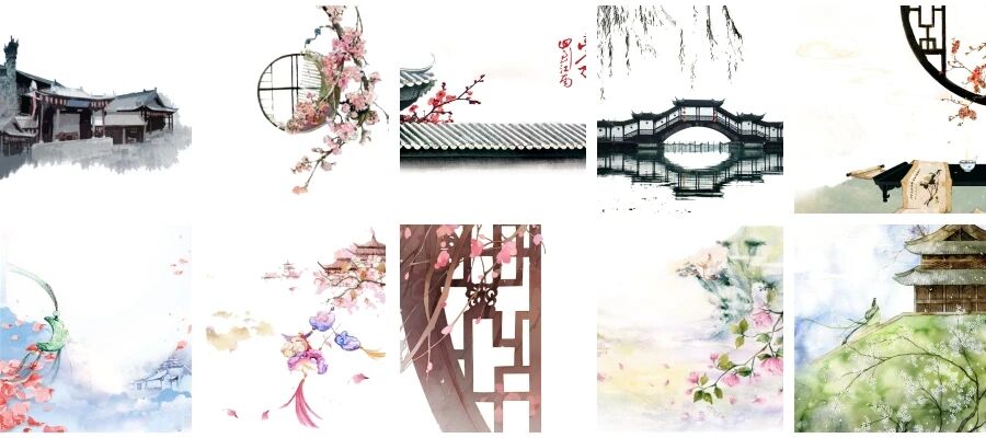 唯美水彩手绘古风建筑庭院屋檐凉亭城墙PNG免抠透明设计素材