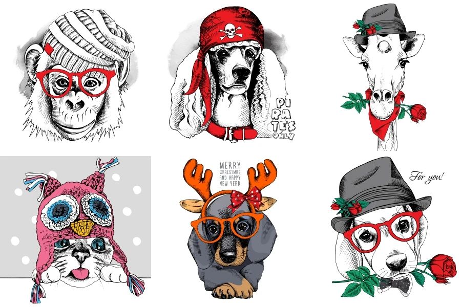 卡通手绘时尚圣诞猫狗猫头鹰猴子动物头像插画矢量素材