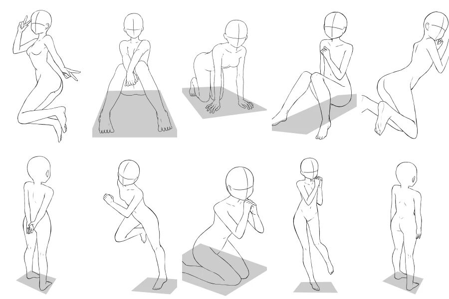 少女可爱动作人体动态动漫线稿矢量设计素材