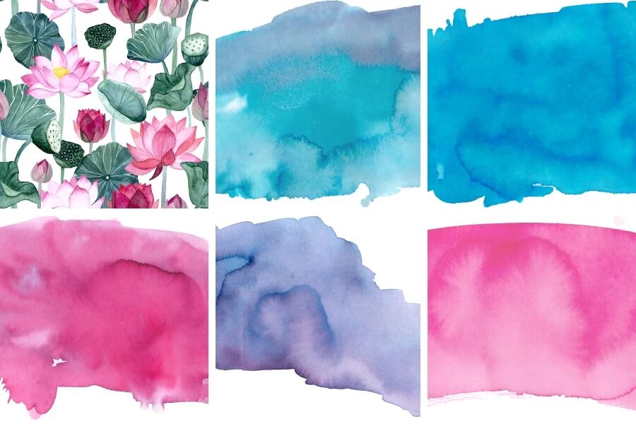 中国风水彩手绘仙鹤莲花树叶元素背景免抠素材