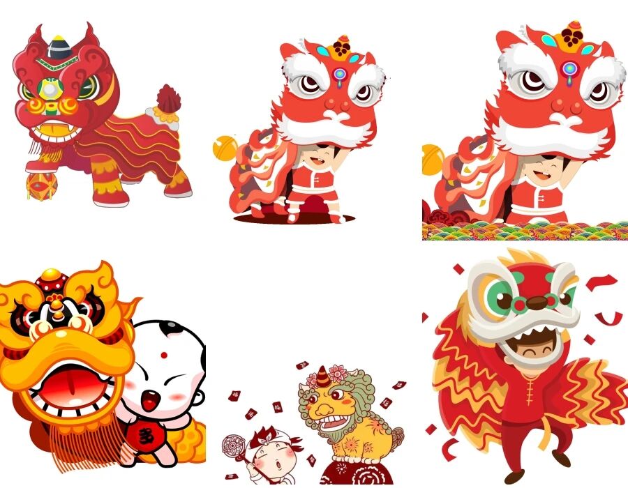 中国风卡通新年春节舞狮舞龙元素免抠设计素材