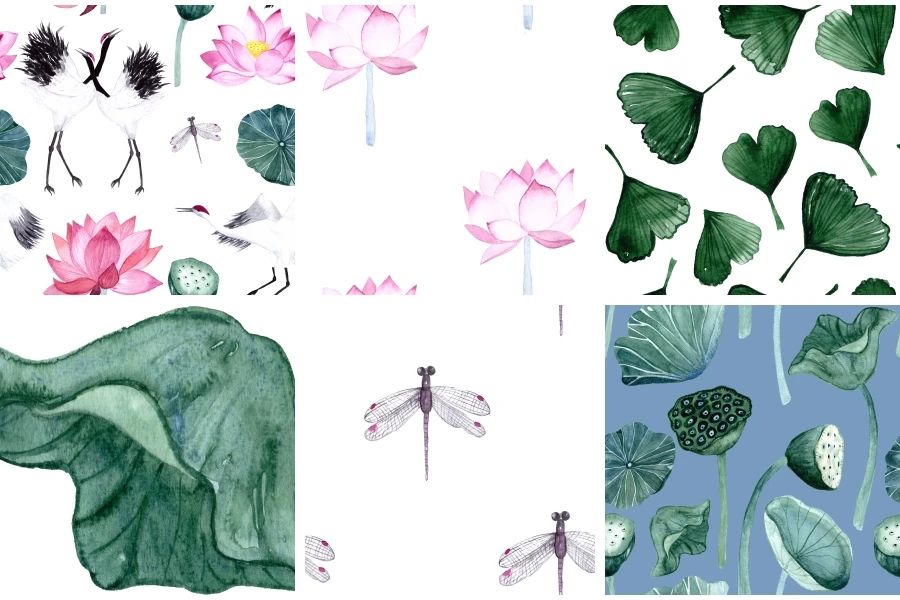 中国风水彩手绘仙鹤莲花树叶元素背景免抠素材