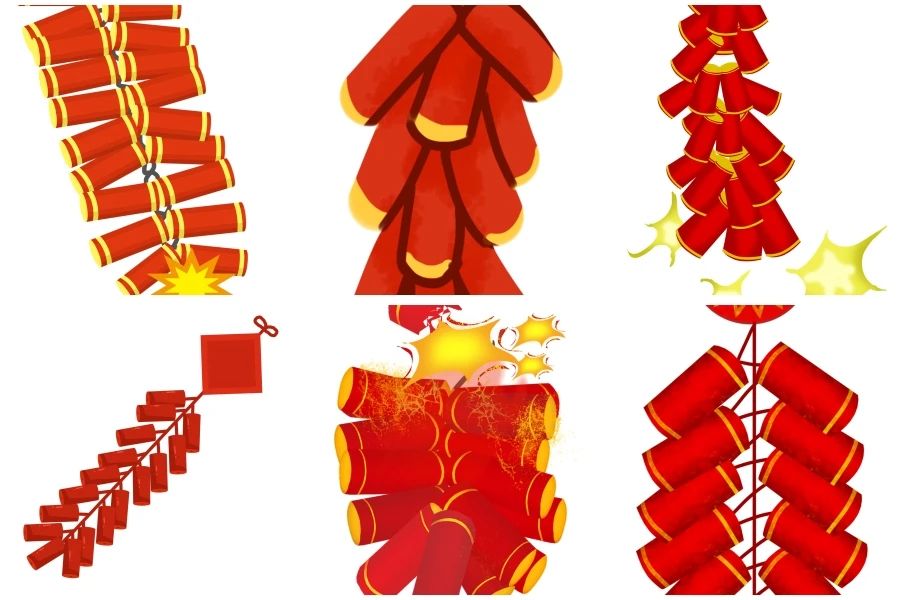 手绘春节新年新春节日喜庆炮竹鞭炮烟花高清免抠素材