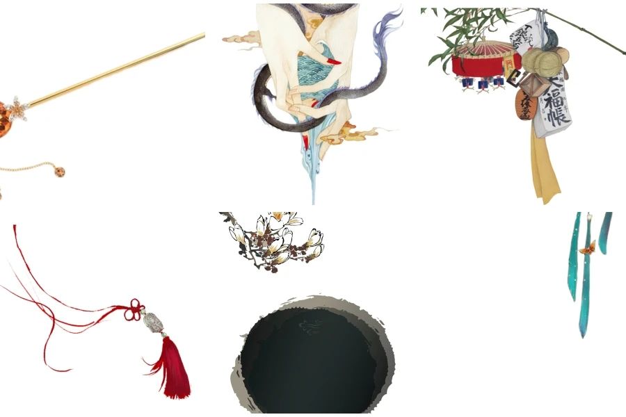 唯美中国古风写意工笔画花鸟元素免抠设计素材