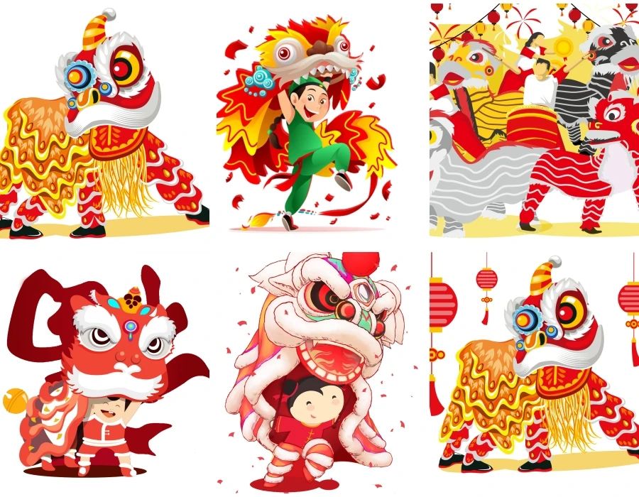 中国风卡通新年春节舞狮舞龙元素免抠设计素材