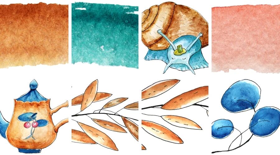 手绘水彩植物花卉叶子杯子装饰画免抠素材