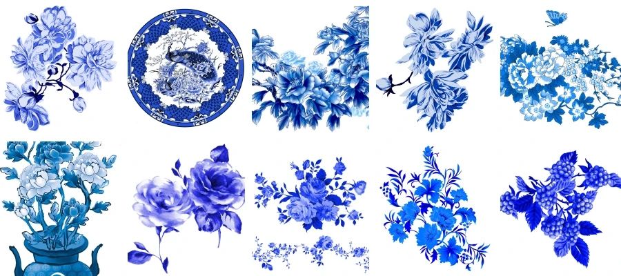 古典中国风青花瓷花纹花卉植物免抠设计素材