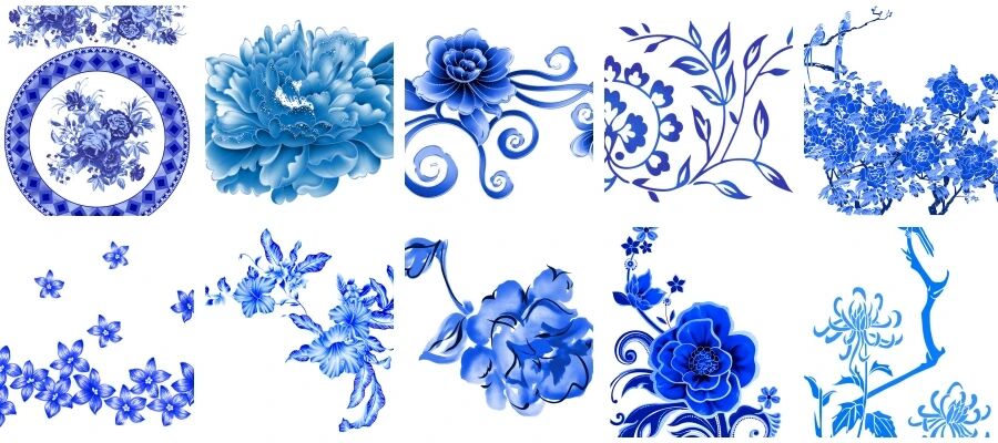 古典中国风青花瓷花纹花卉植物免抠设计素材