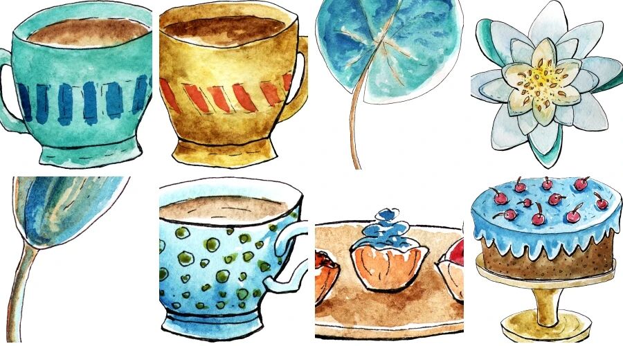 手绘水彩植物花卉叶子杯子装饰画免抠素材