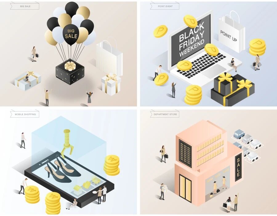 2.5D简约扁平等距促销智能购物消费礼盒立体场景矢量插画矢量素材