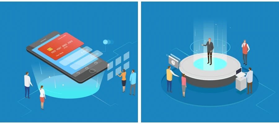 2.5D风格VR人机交互未来科技概念信息虚拟购物金融支付UI插图矢量素材