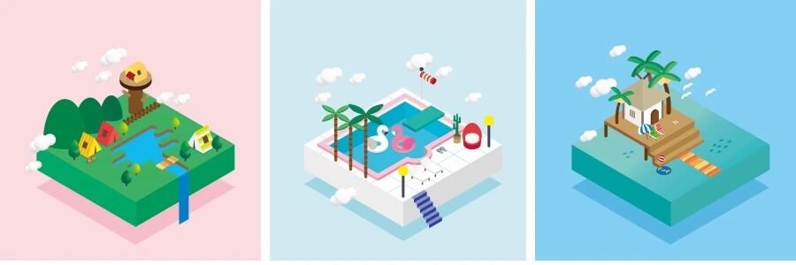 2.5D立体夏日休闲旅行出游度假旅行社插画UI矢量素材