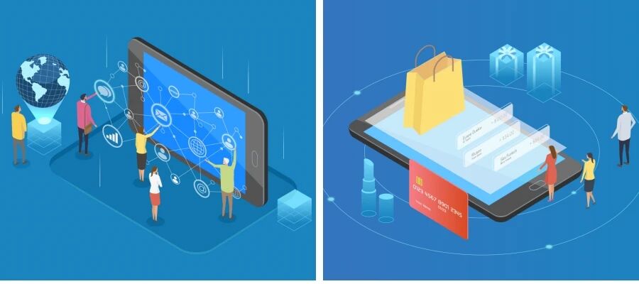 2.5D风格VR人机交互未来科技概念信息虚拟购物金融支付UI插图矢量素材