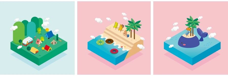 2.5D立体夏日休闲旅行出游度假旅行社插画UI矢量素材