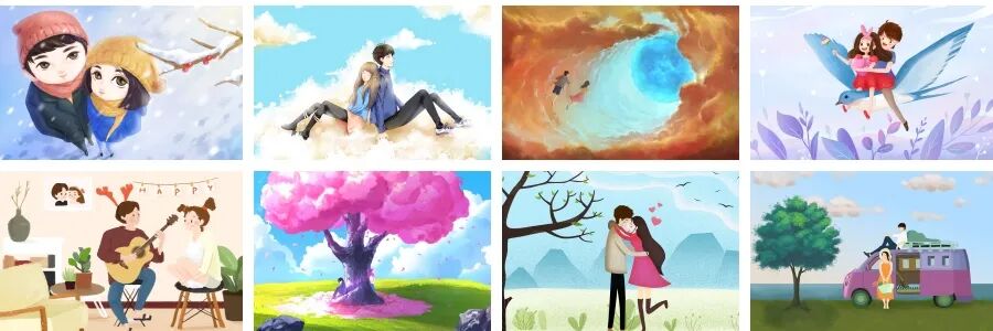 75款卡通唯美浪漫爱情情人节七夕主题情侣恋爱插画PSD分层素材