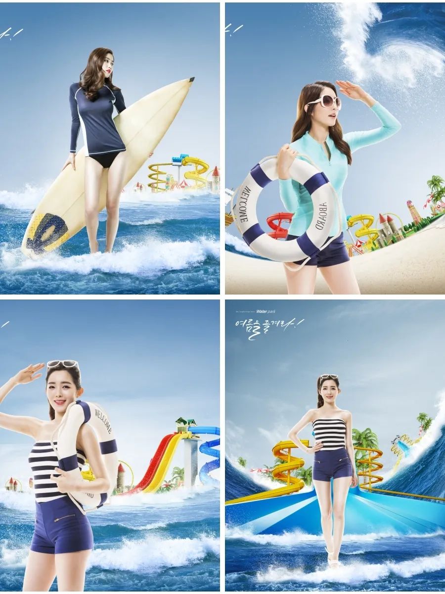 20款沙滩海边夏日清凉冲浪游乐场泳装模特海报模板PSD设计素材