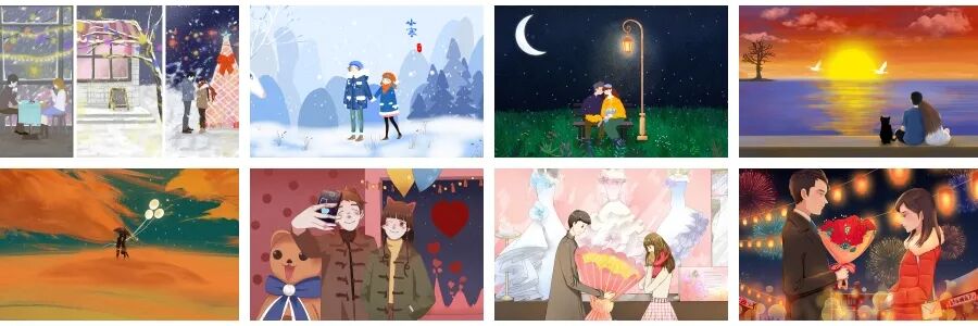 75款卡通唯美浪漫爱情情人节七夕主题情侣恋爱插画PSD分层素材