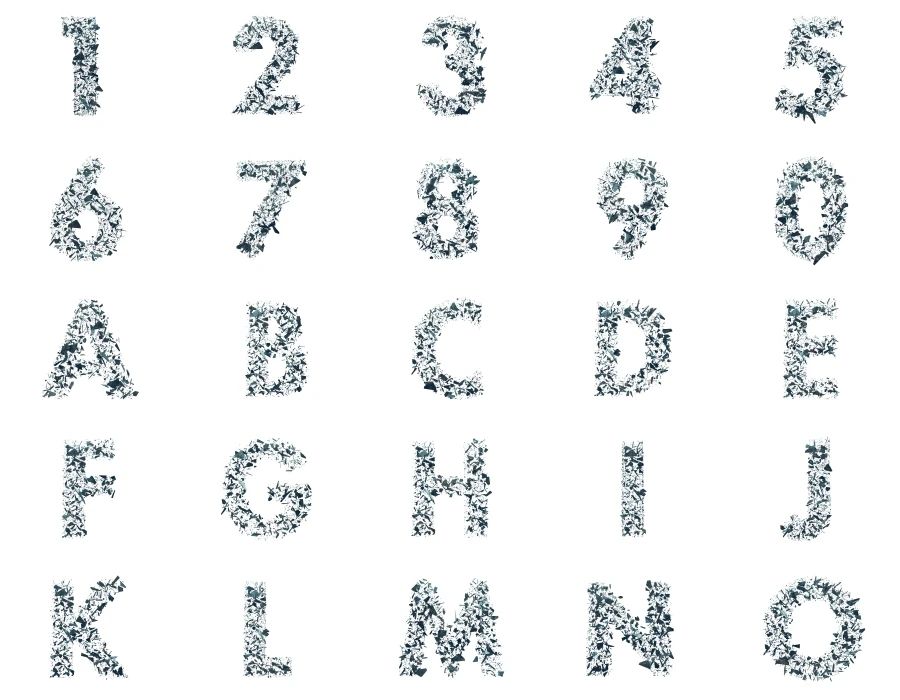3D颗粒拼接爆炸特效英文字母阿拉伯数字设计免抠素材