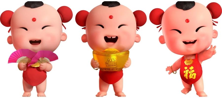 春节中国风3D新春招财童子拜年灯笼金元宝免抠素材