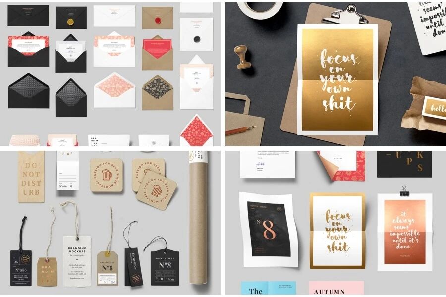 时尚杂志服装手袋香水咖啡杯信封VI样机PSD模板（附纹理背景图）