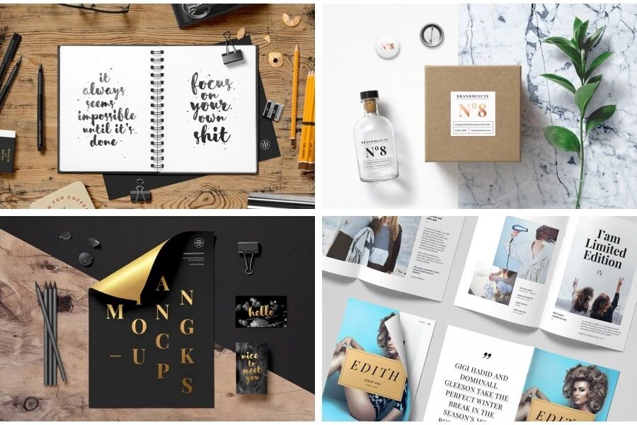 时尚杂志服装手袋香水咖啡杯信封VI样机PSD模板（附纹理背景图）