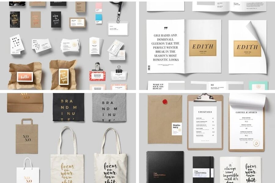 时尚杂志服装手袋香水咖啡杯信封VI样机PSD模板（附纹理背景图）