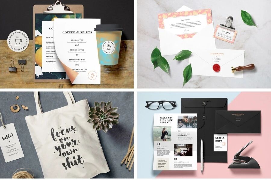 时尚杂志服装手袋香水咖啡杯信封VI样机PSD模板（附纹理背景图）