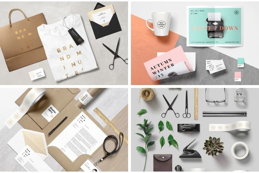 时尚杂志服装手袋香水咖啡杯信封VI样机PSD模板（附纹理背景图）