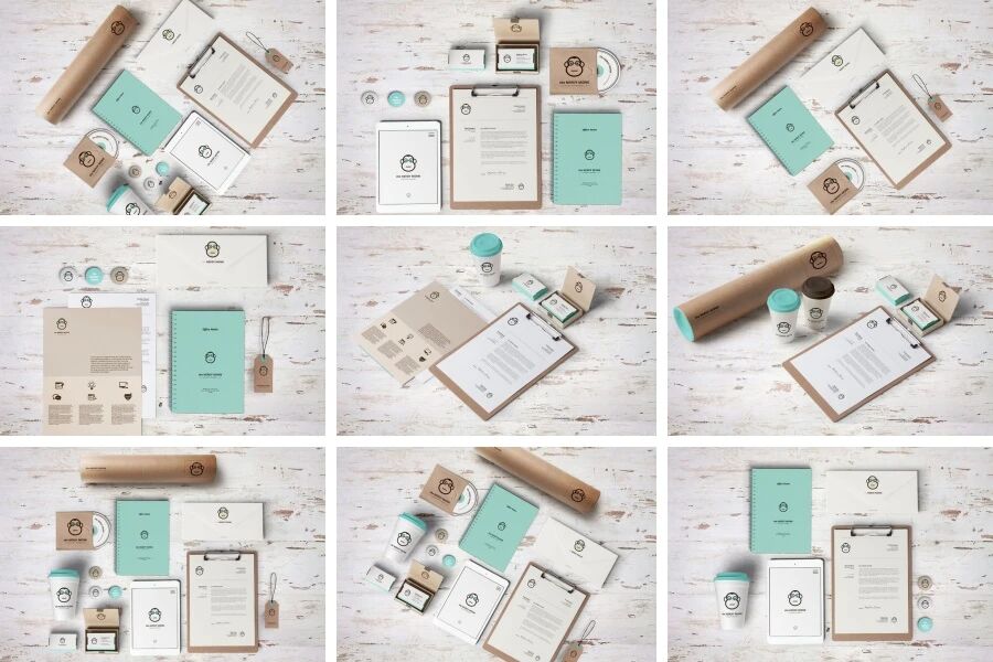 卡通清新企业画册名片信封办公用品VI样机PSD模板