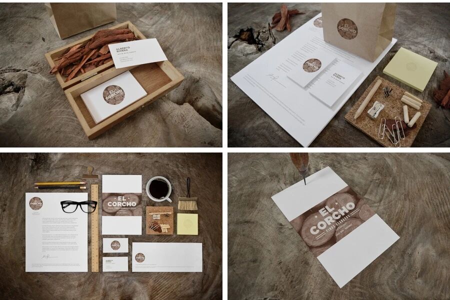 棕色复古风企业画册名片办公用品VI样机PSD模板