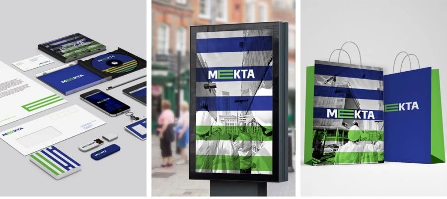 蓝绿风格企业画册手袋名片信封VI样机PSD模板