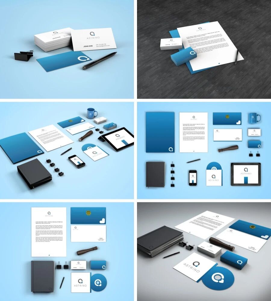 蓝色简约企业名片信封办公用品VI样机PSD模板