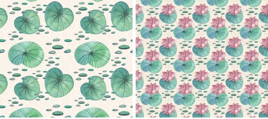 水彩手绘日式锦鲤荷花竹林图案矢量素材