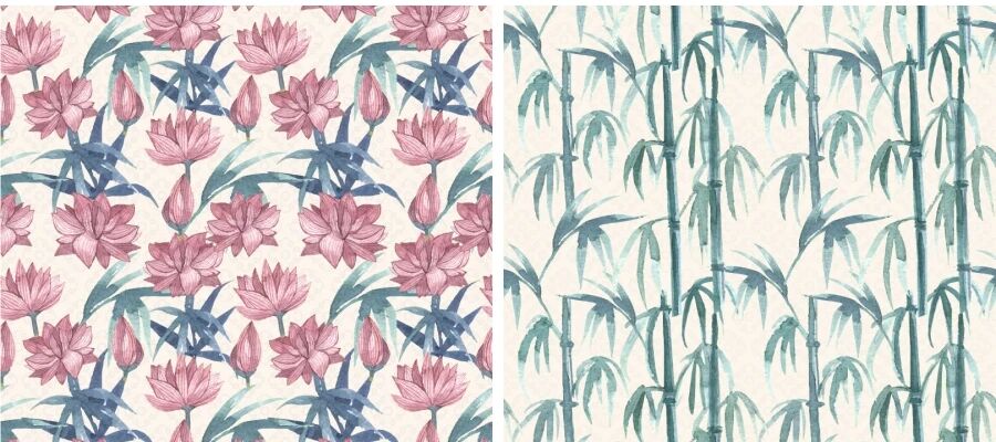 水彩手绘日式锦鲤荷花竹林图案矢量素材