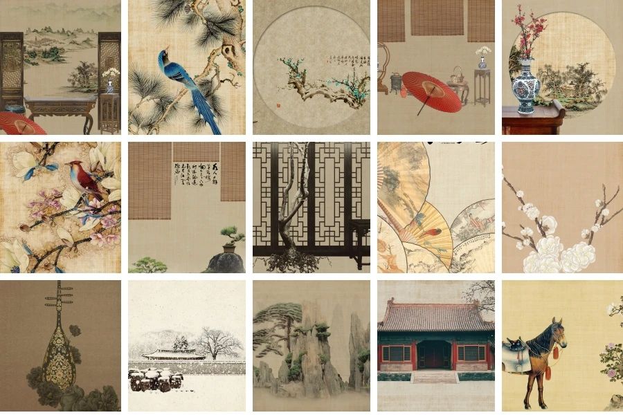 高清免抠古风中国风复古纹理背景工笔花朵PSD设计素材