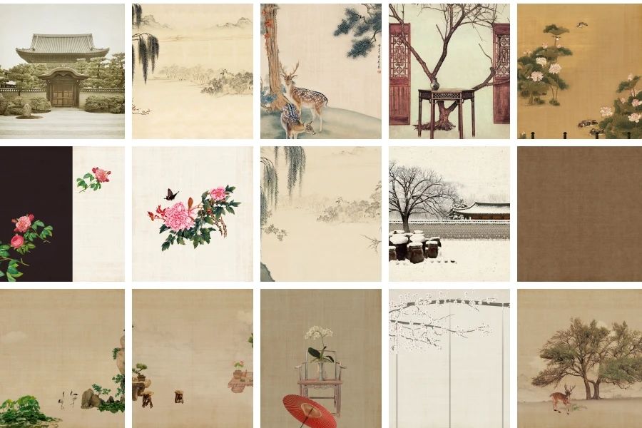 高清免抠古风中国风复古纹理背景工笔花朵PSD设计素材