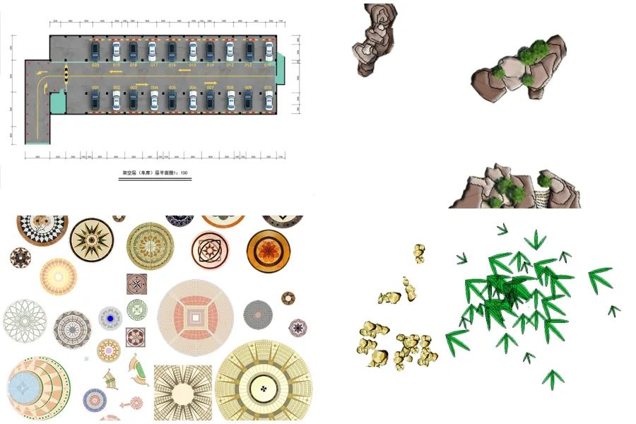 园林景观彩平图PSD分层素材室外植物假山亭花架小品彩色平面图