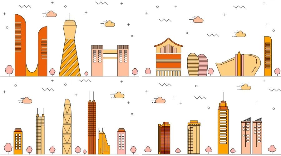 手绘中国北京长沙杭州三亚深圳上海广州著名城市建筑插画矢量素材