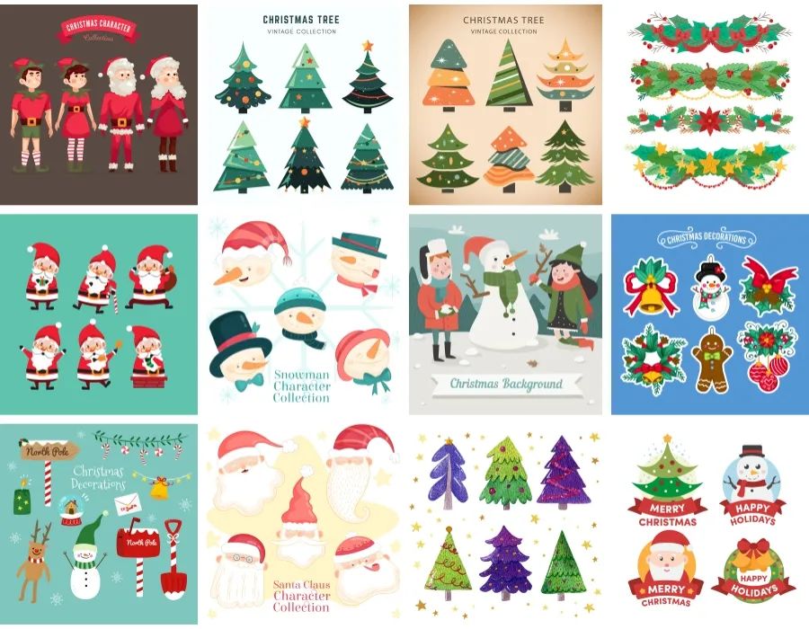 卡通圣诞老人圣诞树鹿元素圣诞节促销贺卡海报设计AI矢量素材