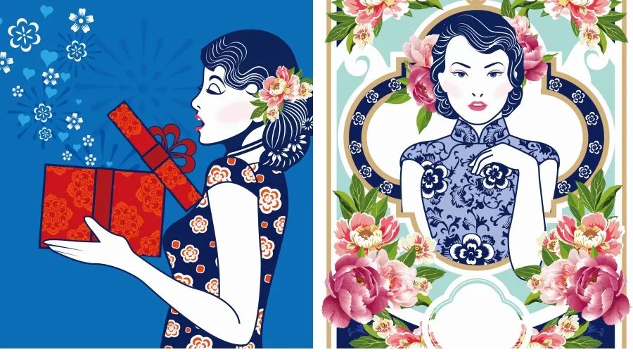 复古风传统东方女士古典美女插画插图中国风元素AI矢量素材