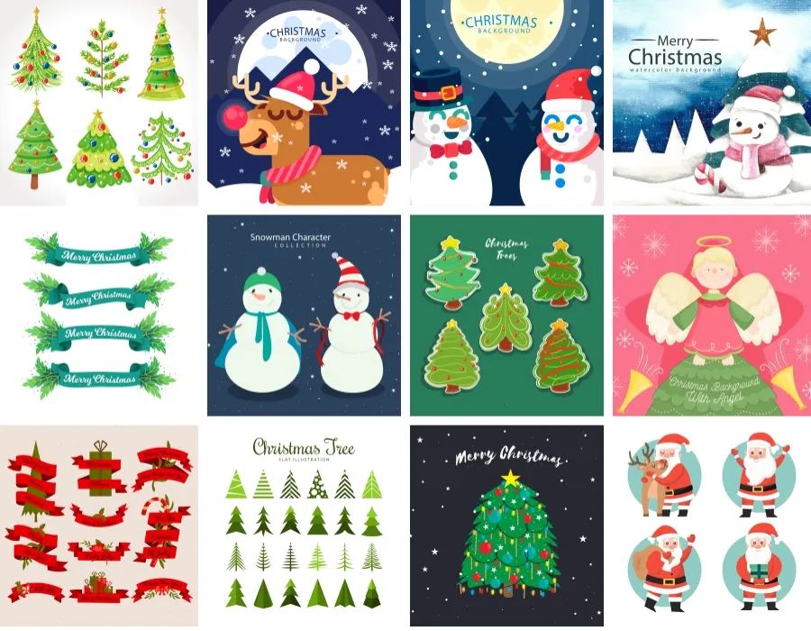 卡通圣诞老人圣诞树鹿元素圣诞节促销贺卡海报设计AI矢量素材