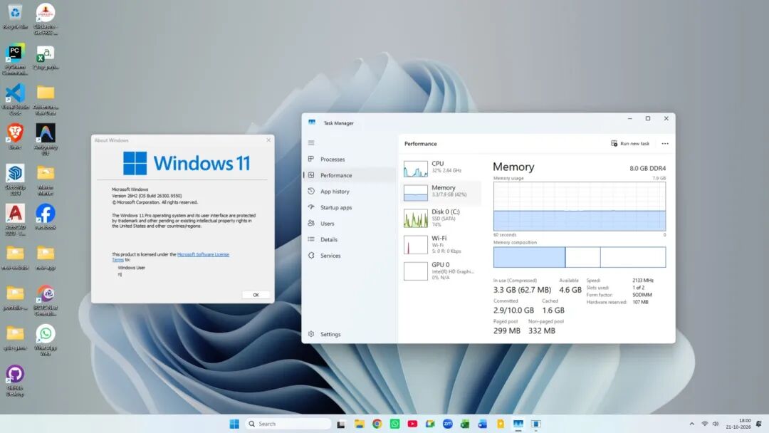 Windows 11 26H2 uses around 3.3GB RAM after a restart on an 8GB RAM PC