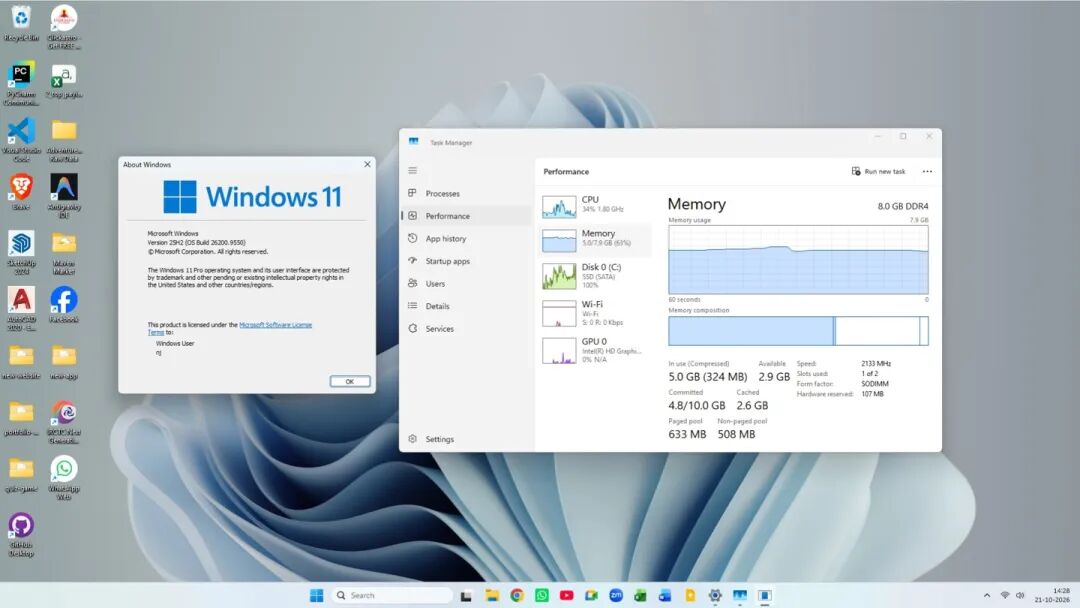 Windows 11 25H2 uses around 5GB RAM after a restart on an 8GB RAM PC